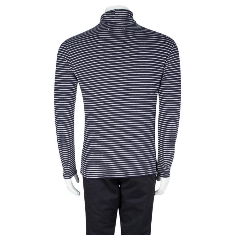 Pre Owned Maison Martin Margiela Navy Blue and White Striped Knit Turtle Neck T-Shirt M