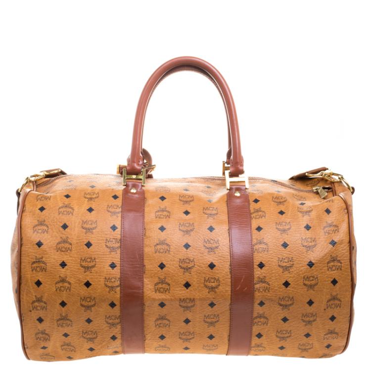 Pre Owned MCM Cognac Visetos Coated Canvas Stark Weekender Duffel Bag