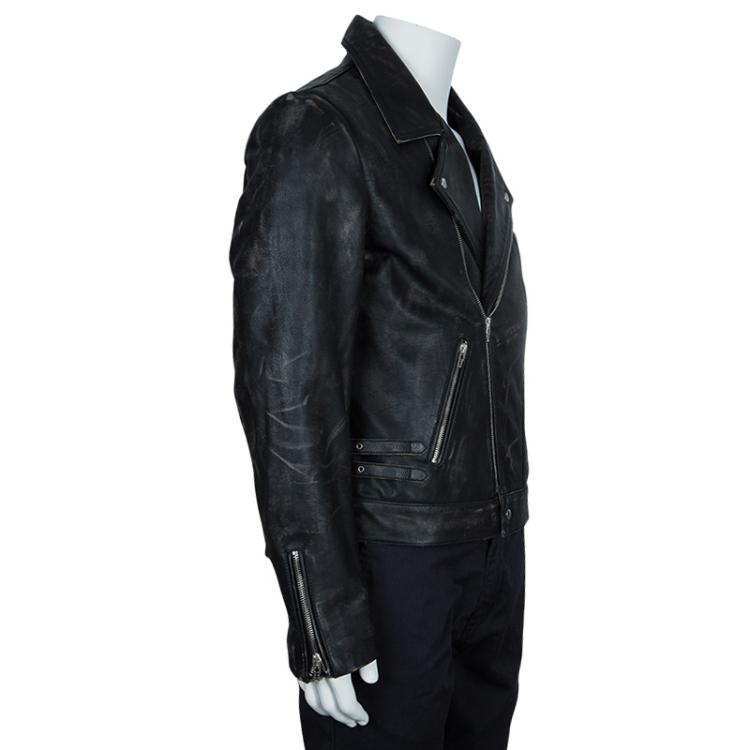 Pre Owned McQ by Alexander McQueen Men's Black Distressed Leather Biker Jacket L