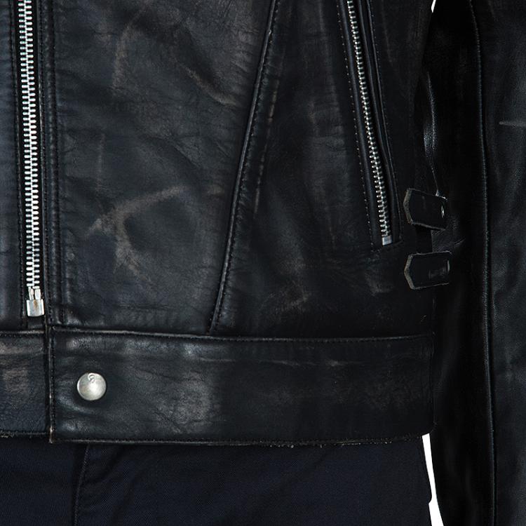 Pre Owned McQ by Alexander McQueen Men's Black Distressed Leather Biker Jacket L