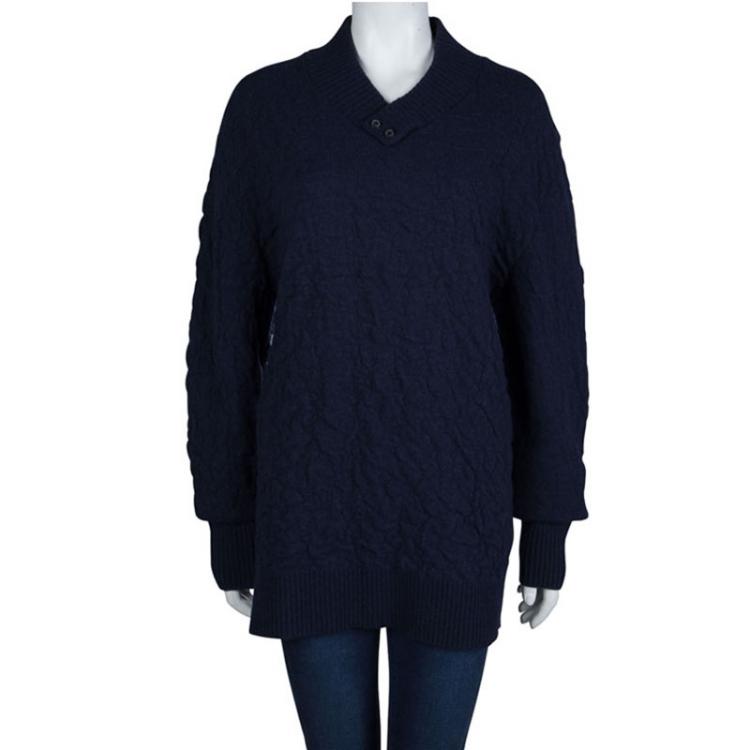 Pre Owned McQ By Alexander McQueen Navy Blue Textured Wool V-Neck Sweater XL