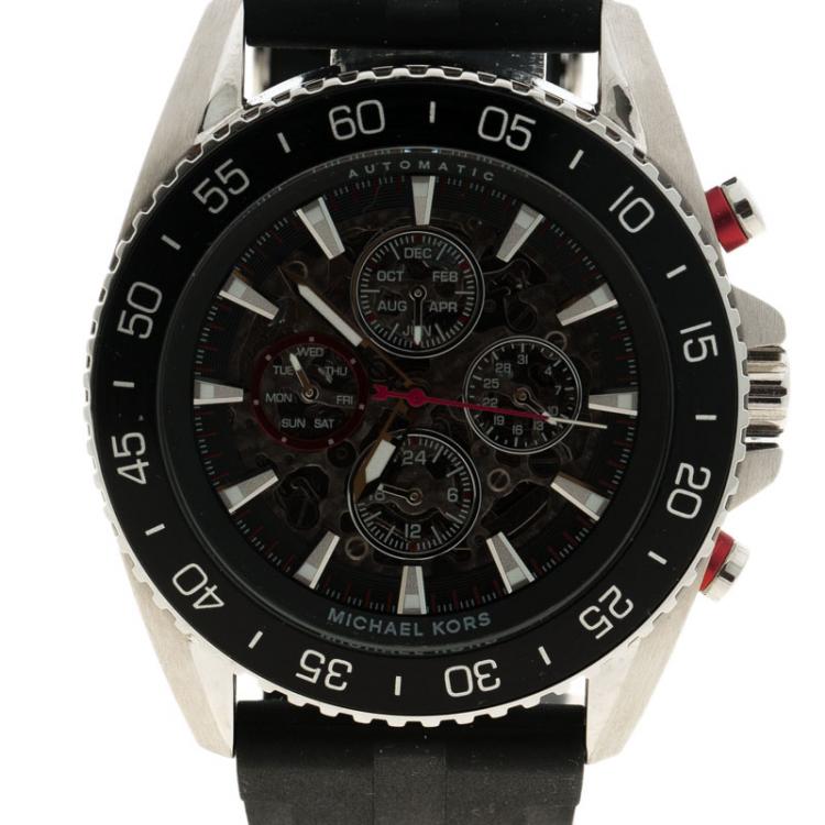 Pre Owned Micheal Kors Black Stainless Steel Jetmaster MK 9013 Skeleton Men's Wristwatch 45MM
