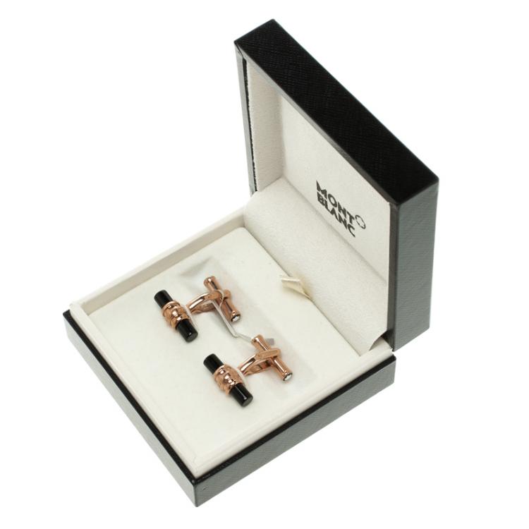 Pre Owned Montblanc Meisterstuck Rose Gold-Tone PVD Onyx Cufflinks 