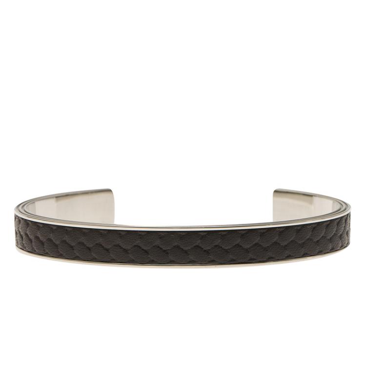 Pre Owned Montblanc Grain de Riz Leather and Steel Open Cuff Bracelet For Men