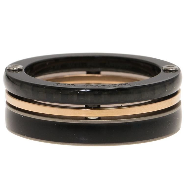 Pre Owned Montblanc The League Black Titanium Steel Rose Gold Tone Mens Band Ring Size 58