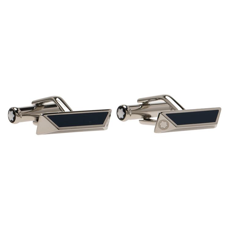 Pre Owned Montblanc Iconic Lines Black & Blue Lacquer Bar Steel Cufflinks
