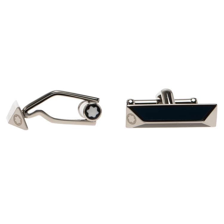 Pre Owned Montblanc Iconic Lines Black & Blue Lacquer Bar Steel Cufflinks