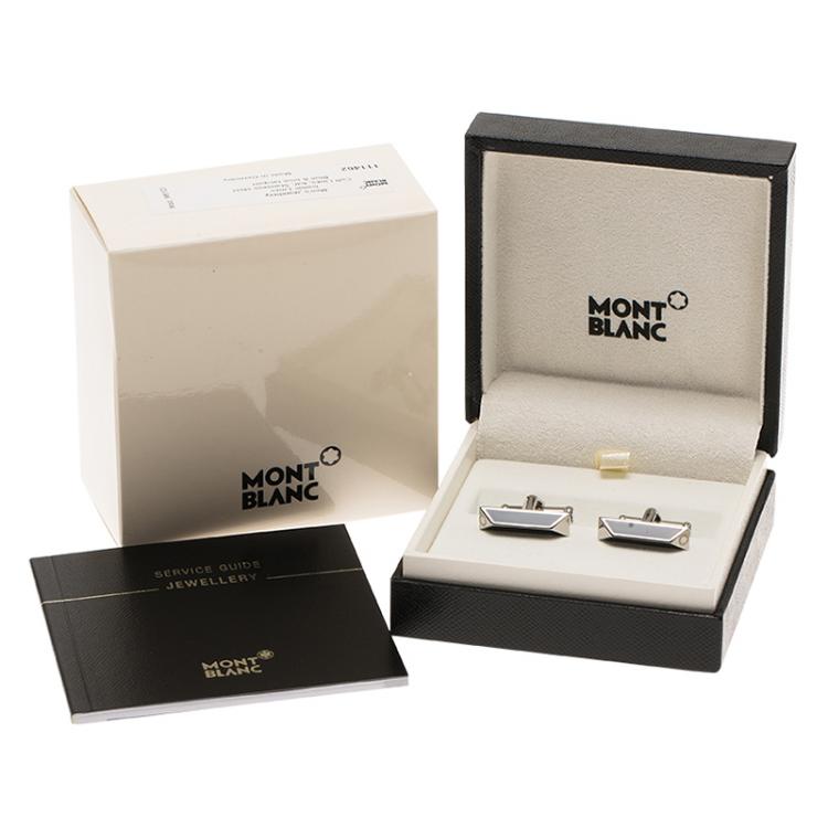Pre Owned Montblanc Iconic Lines Black & Blue Lacquer Bar Steel Cufflinks