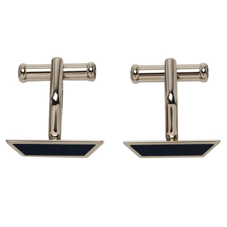 Pre Owned Montblanc Iconic Lines Blue & Black Lacquer Steel Bar Cufflinks