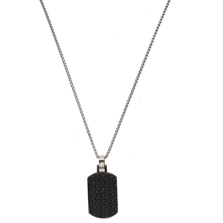 Pre Owned Montblanc Men's Monograin Leather Inlay Steel Tag Pendant Chain Necklace