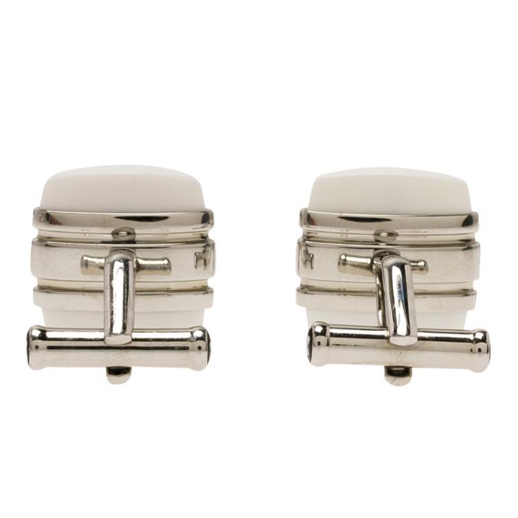 Pre Owned Montblanc Iconic White Agate Steel Cufflinks
