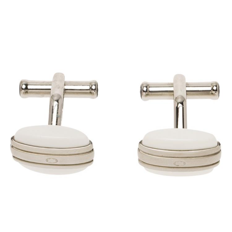 Pre Owned Montblanc Iconic White Agate Steel Cufflinks