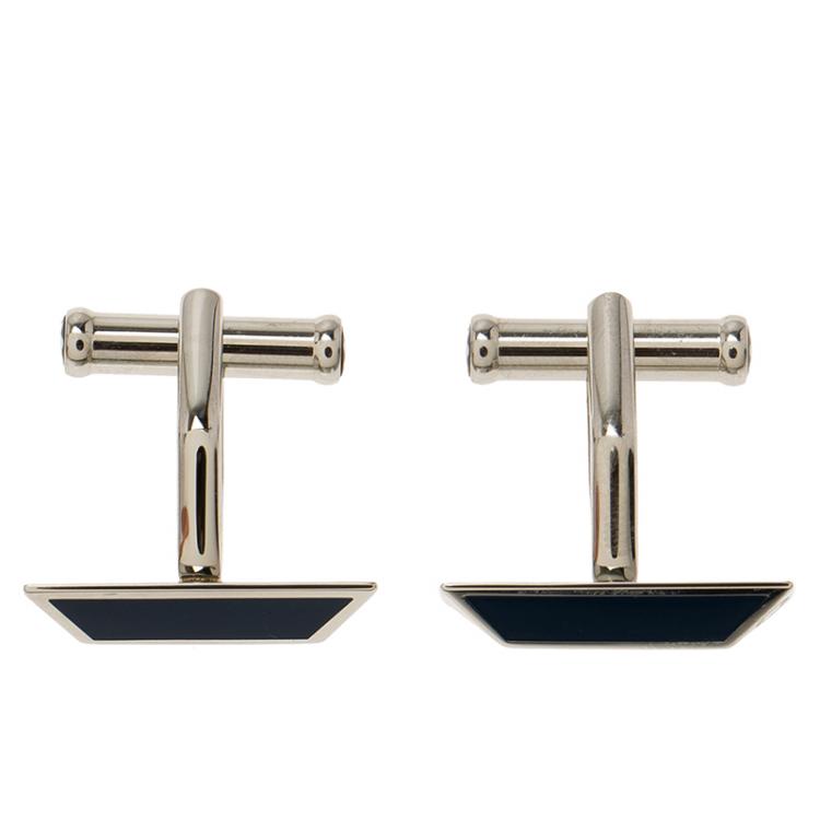 Pre Owned Montblanc Iconic Lines Navy Blue & Black Lacquer Steel Bar Cufflinks