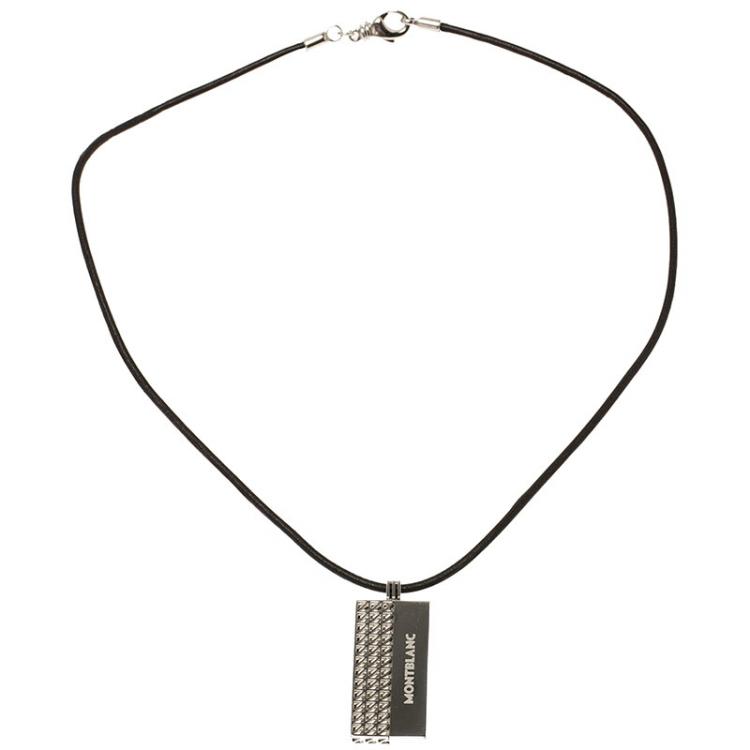 Pre Owned Montblanc Graphic Tag Steel Pendant & Leather Cord Neckpiece