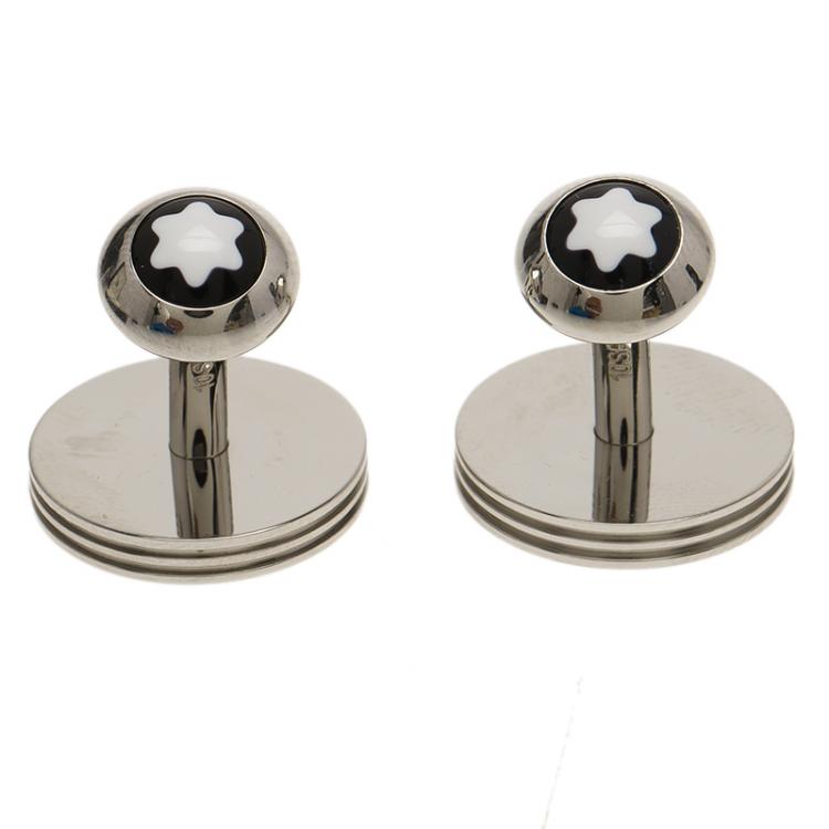 Pre Owned Montblanc Grains de Riz Brown Bull Hide Inlay Stainless Steel Cufflinks