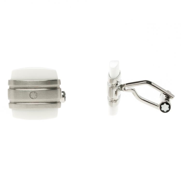 Pre Owned Montblanc Classic Collection White Agate & Stainless Steel Cufflinks