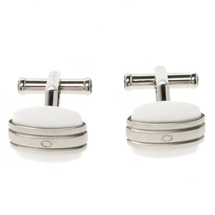 Pre Owned Montblanc Classic Collection White Agate & Stainless Steel Cufflinks