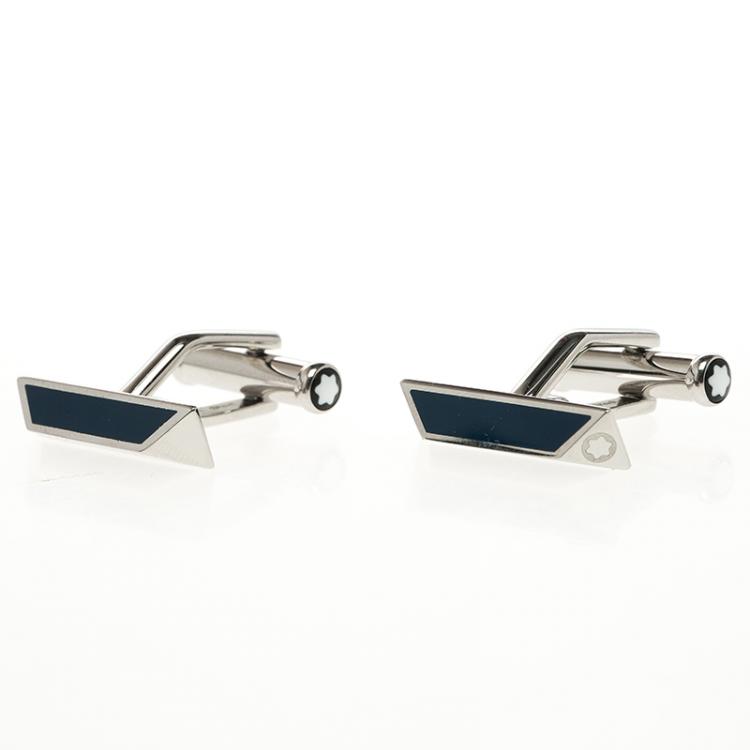 Pre Owned Montblanc Iconic Lines Blue & Black Lacquer Steel Bar Cufflinks