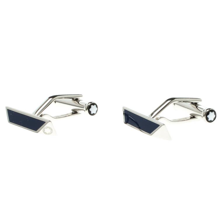 Pre Owned Montblanc Iconic Lines Blue & Black Lacquer Steel Bar Cufflinks