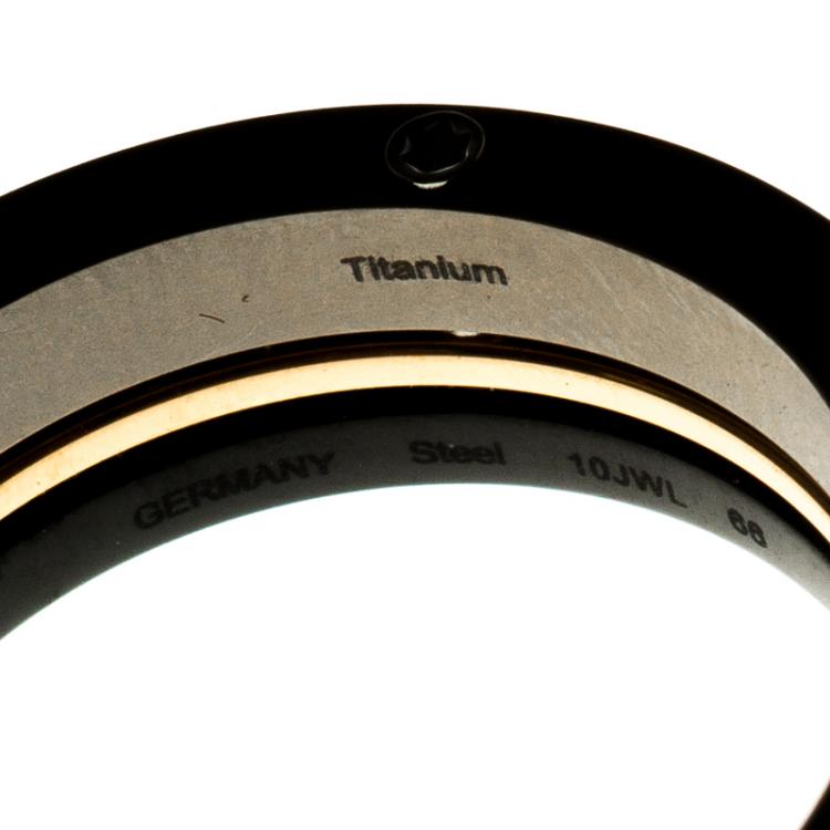 Pre Owned Montblanc The League Black Titanium Steel Rose Gold Tone Mens Band Ring Size 68