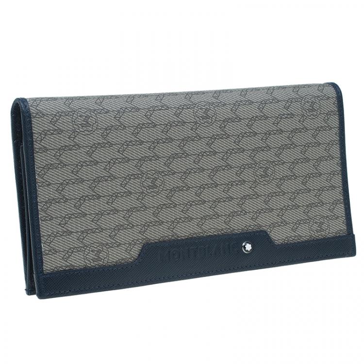 Pre Owned Montblanc Navy Blue Leather and Canvas  Signature 14 CC Continental Wallet