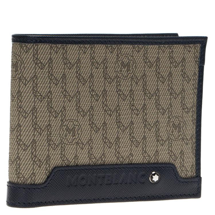 Pre Owned Montblanc Navy Blue/Beige Leather and Canvas Signature Bifold Wallet