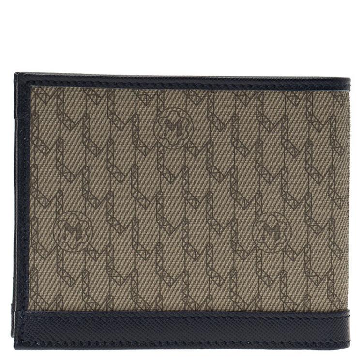 Pre Owned Montblanc Navy Blue/Beige Leather and Canvas Signature Bifold Wallet