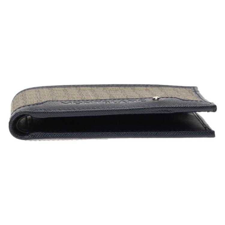Pre Owned Montblanc Navy Blue/Beige Leather and Canvas Signature Bifold Wallet