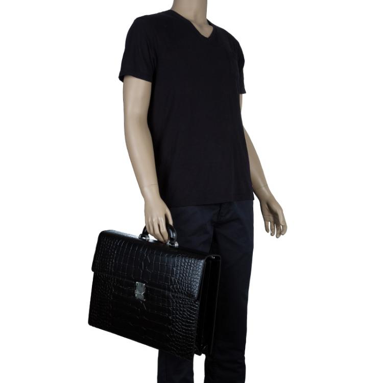 Pre Owned Montblanc Black Alligator Embossed Double Gusset Briefcase