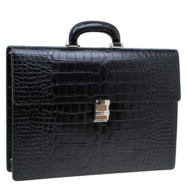 Pre Owned Montblanc Black Alligator Embossed Double Gusset Briefcase