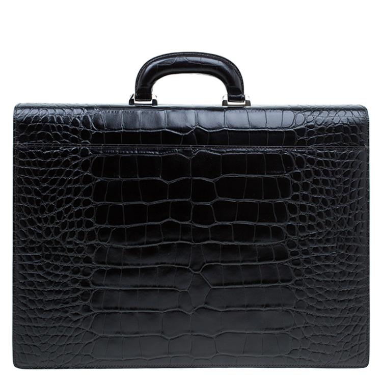 Pre Owned Montblanc Black Alligator Embossed Double Gusset Briefcase
