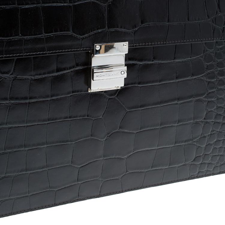 Pre Owned Montblanc Black Alligator Embossed Double Gusset Briefcase