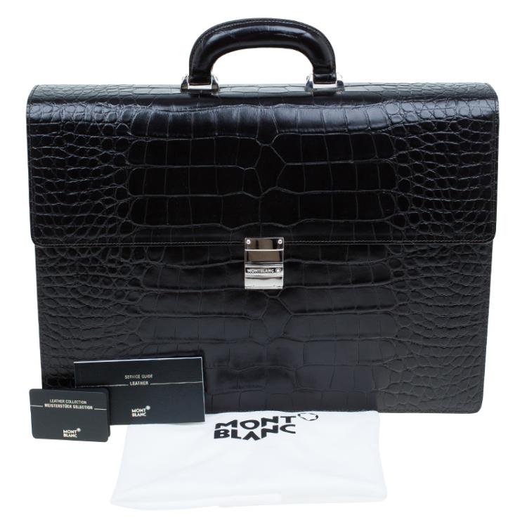 Pre Owned Montblanc Black Alligator Embossed Double Gusset Briefcase