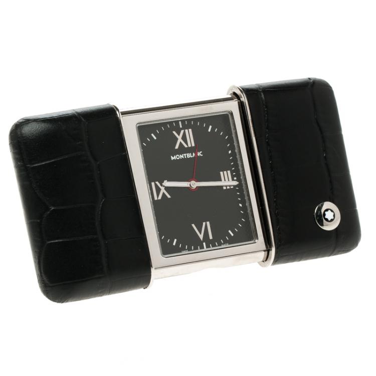 Pre Owned Montblanc Profile Sliding Black Dial Leather Case Travel Timepiece