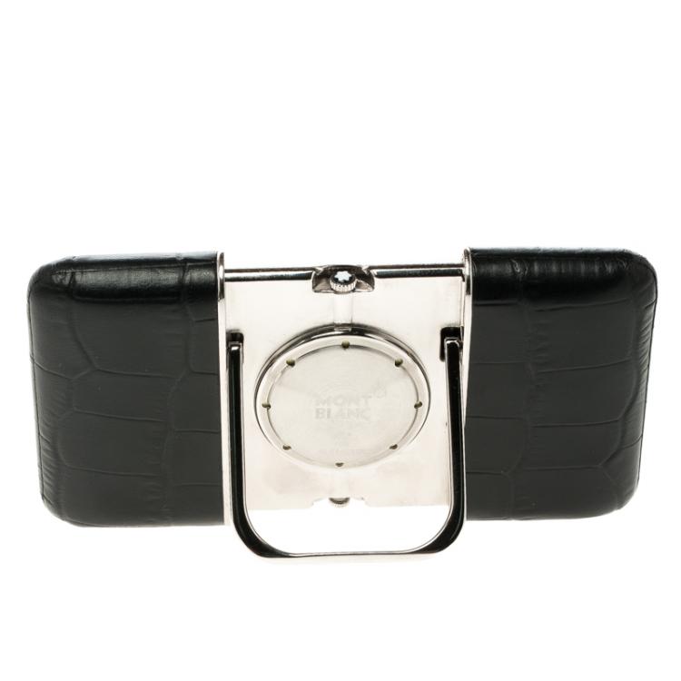 Pre Owned Montblanc Profile Sliding Black Dial Leather Case Travel Timepiece