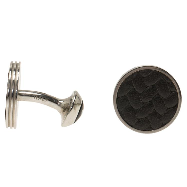 Pre Owned Montblanc Monograin Black Leather Inlay Steel Cufflinks