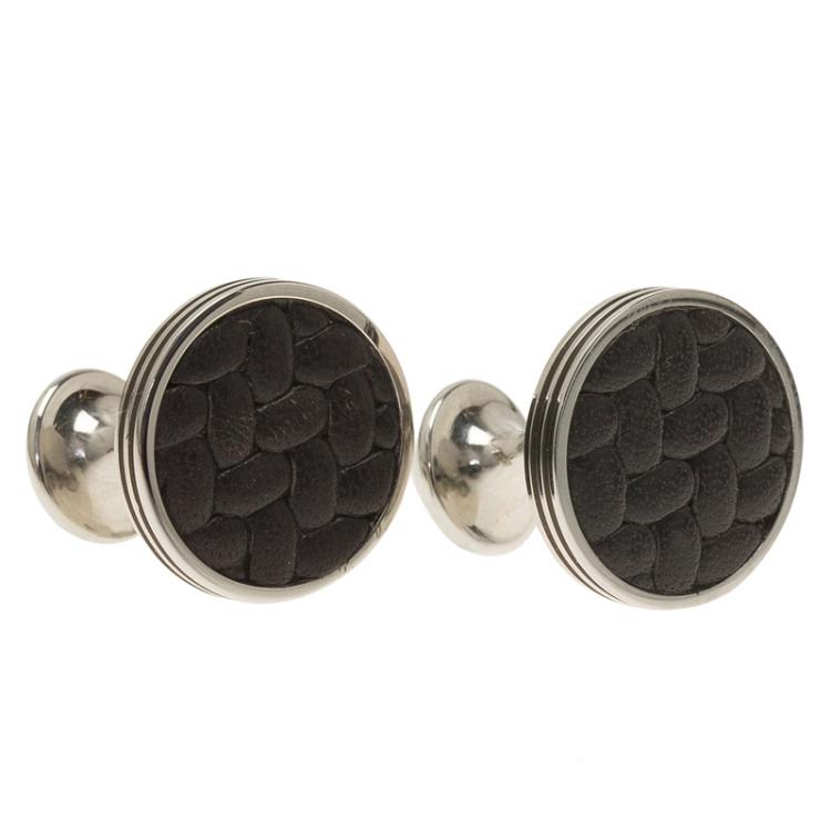 Pre Owned Montblanc Monograin Black Leather Inlay Steel Cufflinks