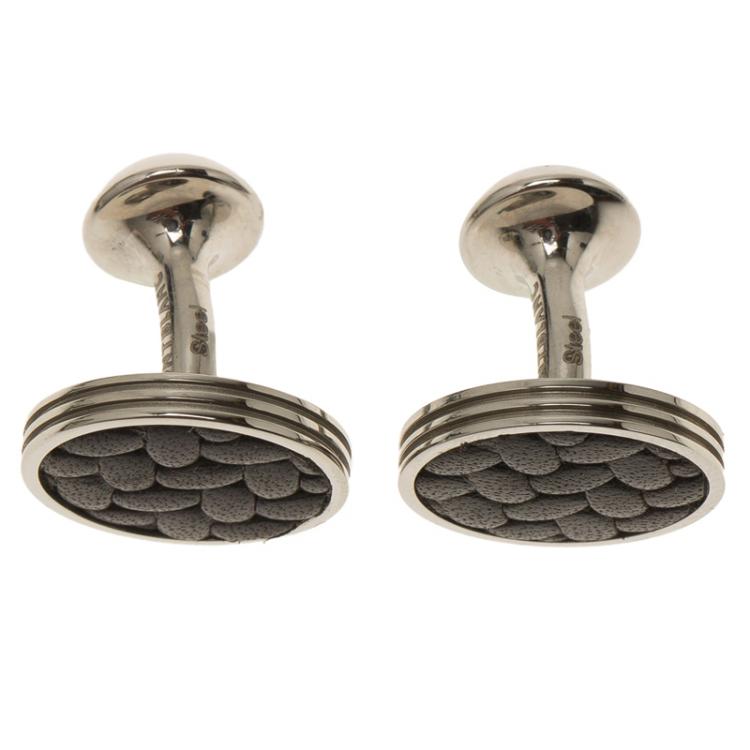 Pre Owned Montblanc Monograin Black Leather Inlay Steel Cufflinks