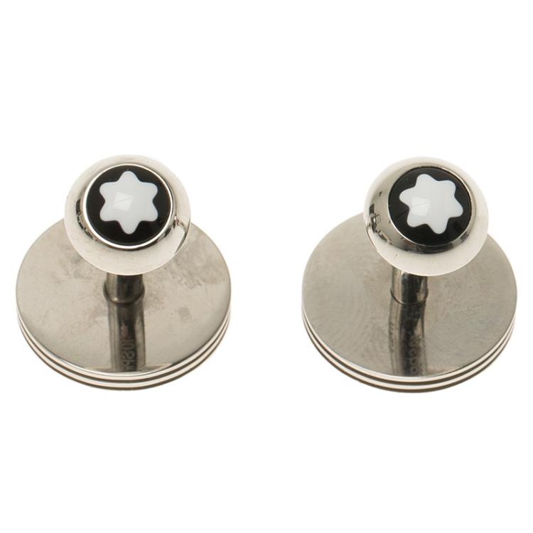 Pre Owned Montblanc Monograin Black Leather Inlay Steel Cufflinks