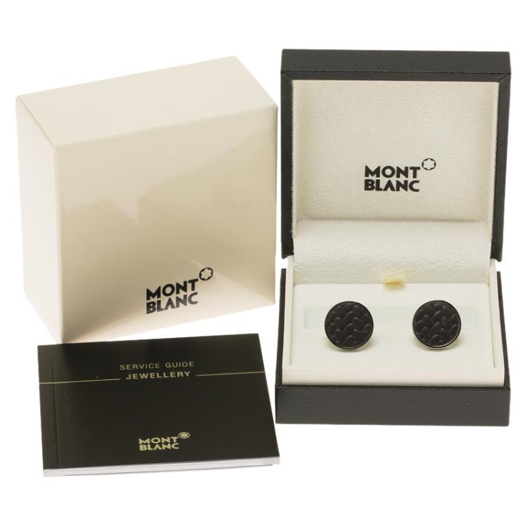 Pre Owned Montblanc Monograin Black Leather Inlay Steel Cufflinks