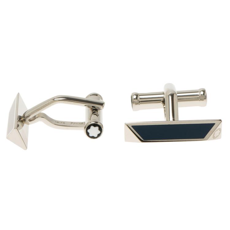 Pre Owned Montblanc Iconic Blue and Black Lacquer Steel Bar Cufflinks