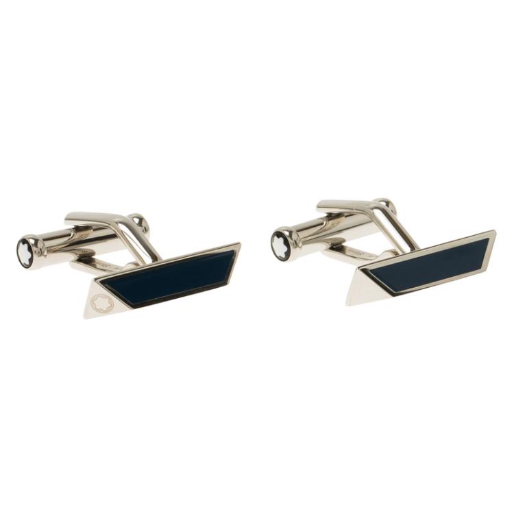 Pre Owned Montblanc Iconic Blue and Black Lacquer Steel Bar Cufflinks