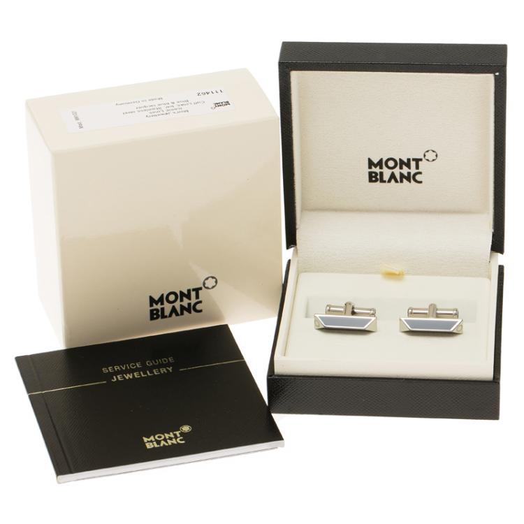 Pre Owned Montblanc Iconic Blue and Black Lacquer Steel Bar Cufflinks