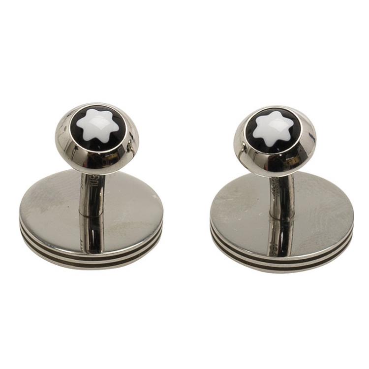 Pre Owned Montblanc Monograin Brown Leather Inlay Steel Cufflinks