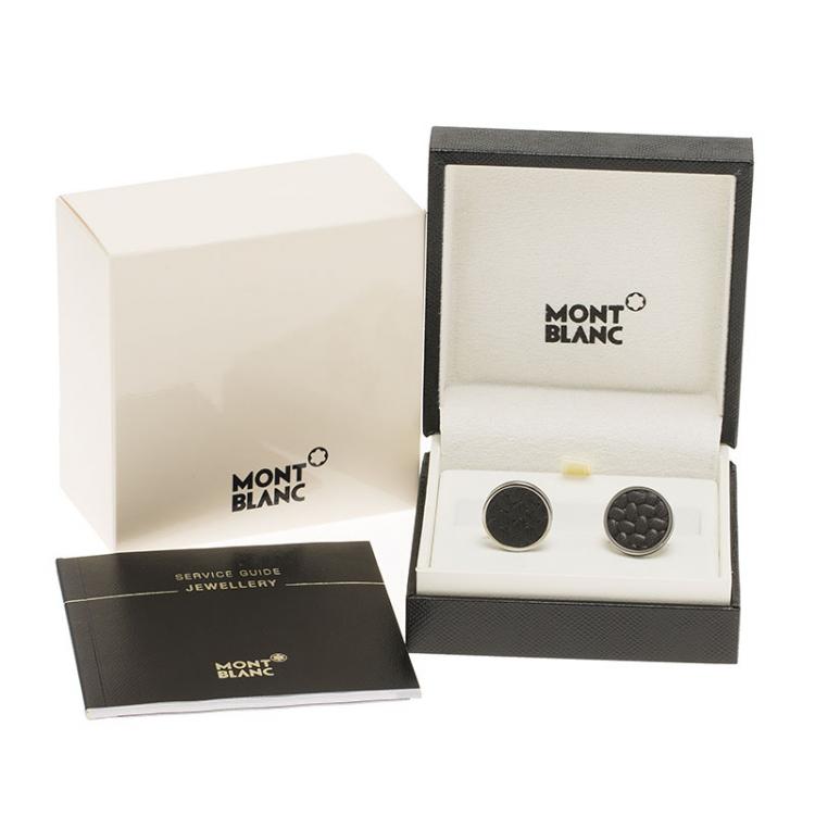 Pre Owned Montblanc Monograin Brown Leather Inlay Steel Cufflinks