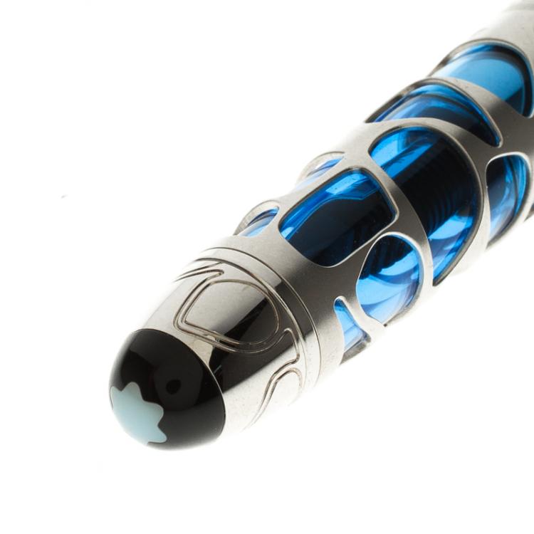 Pre Owned Montblanc Meisterstuck Solitaire Blue Hour Skeleton Fountain Pen, with 18k Gold Nib