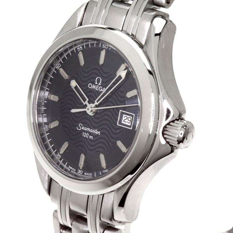 Pre Owned Omega Navy Blue Stainless Steel Seamaster Men's Wristwatch 35MM