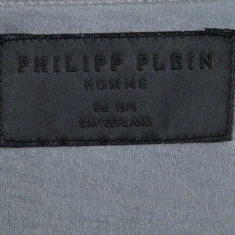 Pre Owned Philipp Plein Grey Skull Print Embellished T-Shirt L