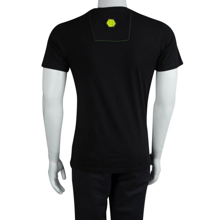 Pre Owned Philipp Plein Black Contrast Skull Print Embellished Crew Neck T-Shirt L