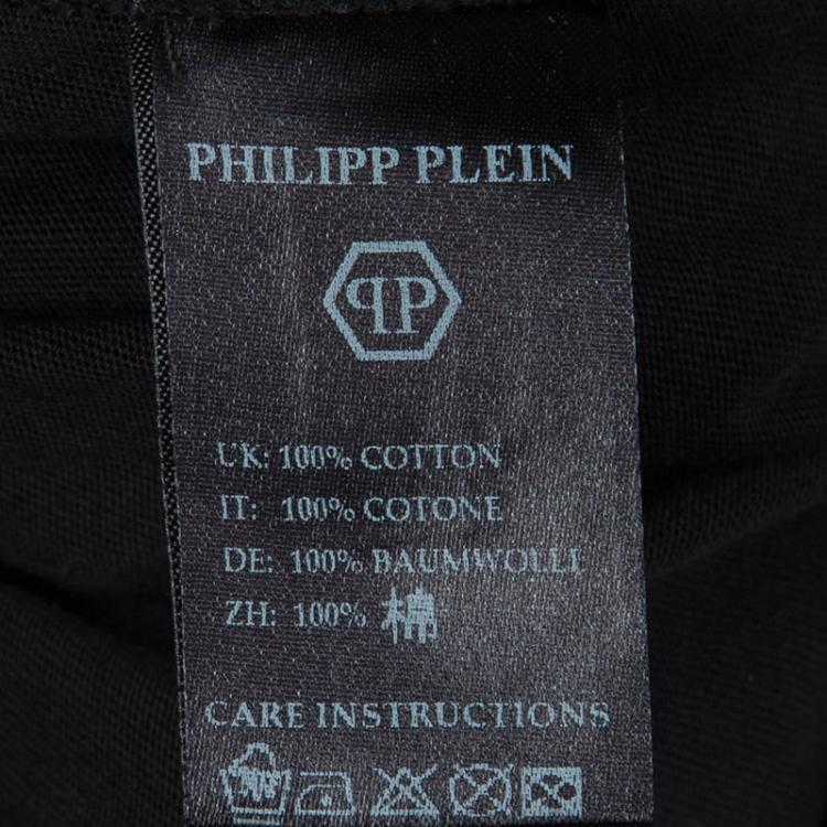 Pre Owned Philipp Plein Black Contrast Skull Print Embellished Crew Neck T-Shirt L